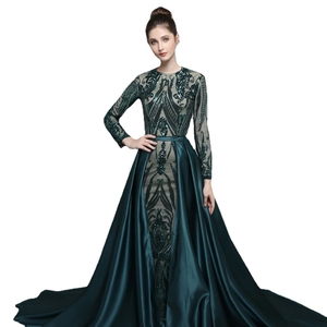 Elegant dark green sequin embroidered evening gown with long sleeves and detachable train