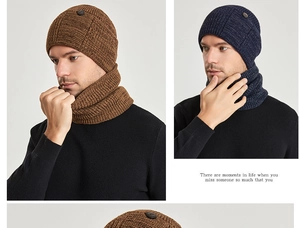 Detail of winter knit hat and neck warmer set showing vertical stripes and decorative buttons