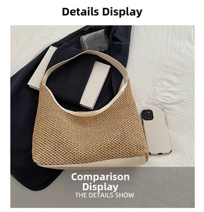 Detail of hobo straw shoulder bag with ivory leather trim and woven texture