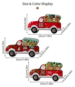 Detailed size chart for Christmas truck tin boxes with specific height and width dimensions