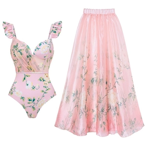 Maillot De Bain Une Pièce Et Jupe À Fleurs Roses Volants Mesh Stitching Imprimé Rose Doux Vacances À La Plage Élastique Femmes