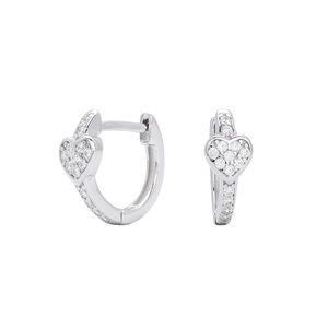 Detailed view of silver S925 heart earrings with micro-paved cubic zirconia accents