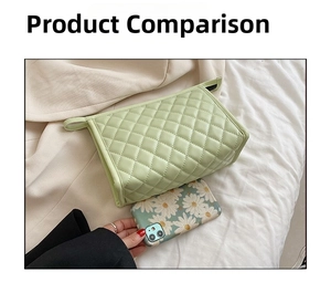 Detailed comparison of light green quilted makeup bag showing capacity next to a phone