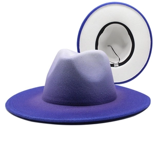 Detail view of the gradient purple to grey wool felt fedora with a black sweatband