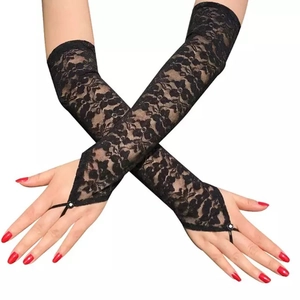 Elegant long black lace fingerless gloves with floral mesh and middle finger loop design