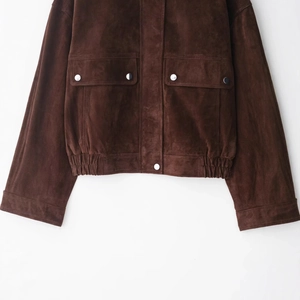 Women's dark brown faux suede casual jacket with metallic snaps and elastic hem