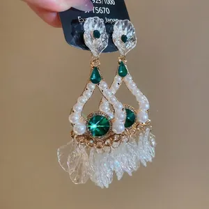 Vintage Emerald Green Rhinestone Earrings With Imitation Artificial Pearls Iridescent Petals And 925 Sterling Silver Earring Post