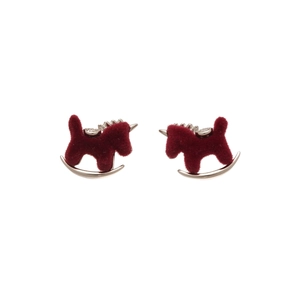 Silver needle earrings featuring red flocked rocking horse pendants with zircon accents
