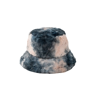 Winter tie-dye faux fur bucket hat in blue and pink plush marble pattern style
