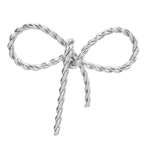 Detailed close-up of a silver bow pendant featuring a twisted rope texture design