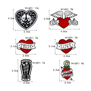Size chart showing dimensions and weight of various gothic heart and skull enamel pins