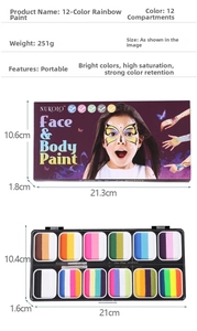 Detailed dimensions of 12-color water-based body paint set with brushes and palettes