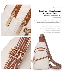 Detail of white lychee grain leather chest bag with golden hardware and geometric strap
