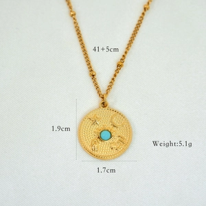 Detailed close-up of 14K gold plated necklace with blue natural stone and size specs