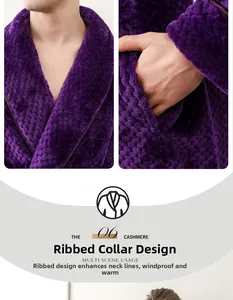 Macro detail of shawl collar design and piping edge on dark purple plush bathrobe