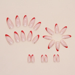 Almond press-on nails with red French tips and gold glitter wave lines, 24 piece set