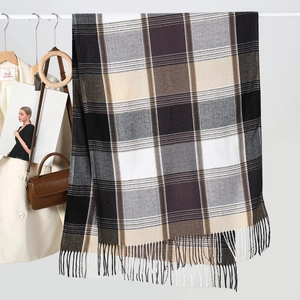 Detail shot of the soft plaid scarf texture and long fringe edges for autumn and winter