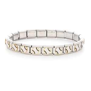 Close-up of stainless steel bracelet featuring gold baseball charms on silver square links