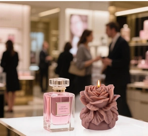 Macro dello stampo in silicone per candela a rosa con dettaglio boccetta di profumo