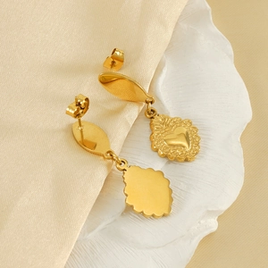 Golden stainless steel heart pendant earrings with embossed vintage fan-shaped frame