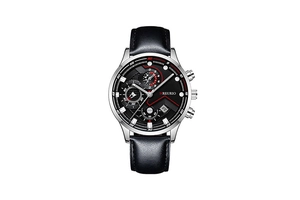 Detail of MREURIO quartz watch featuring multi-function black dial and silver steel case