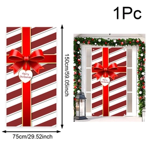 Red and white striped Christmas door banner with large red bow and dimensions 75x150cm