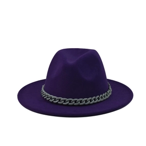 Detail of purple wool felt jazz fedora featuring a decorative thick grey plastic chain link