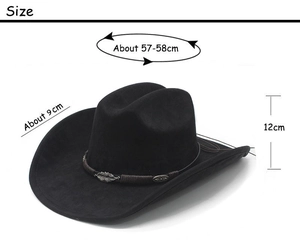 Tableau des tailles du chapeau de cowboy noir avec décoration de plume en métal