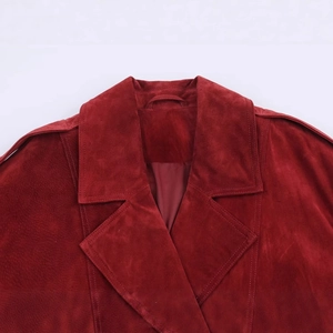 Women's stylish red suede jacket with lapel collar and soft textured fabric detail