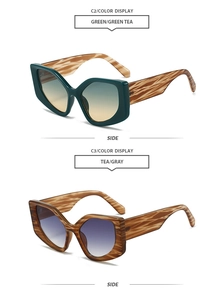 Detailed side view of geometric cat eye sunglasses in green and tortoise shell finish