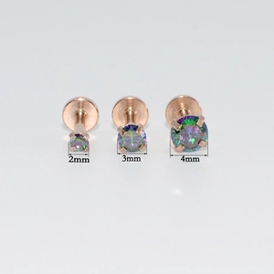 Piercings de labio en oro rosa con ópalo arcoíris en tamaños de 2mm 3mm y 4mm