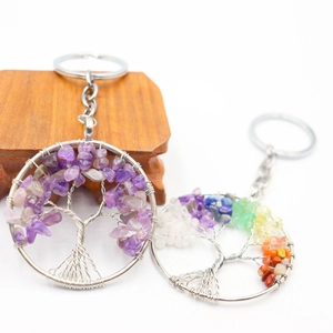 Natural crystal tree of life keychains with amethyst and chakra stones on wood base