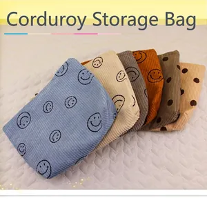 Corduroy Cosmetic Bag Printed Smiley Face Polka Dot Travel Portable Makeup Organizer Wash Storage Pouch For Women