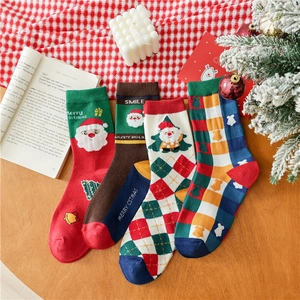 Christmas cartoon crew socks with Santa Claus embroidery in red and green colors