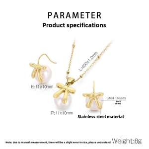 Detailed size specifications for bowknot pearl jewelry set in gold stainless steel