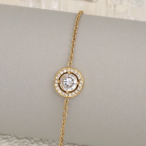 Bracelet en acier inoxydable plaqué or 18 carats avec pendentif rond en cristal brillant