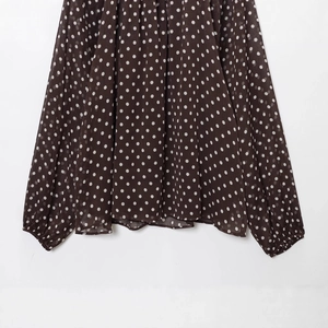 Coffee brown polka dot chiffon blouse with long sleeves and pleated hem detail