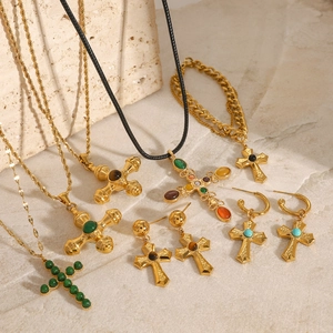Gold stainless steel jewelry set with cross pendants and colorful natural stones