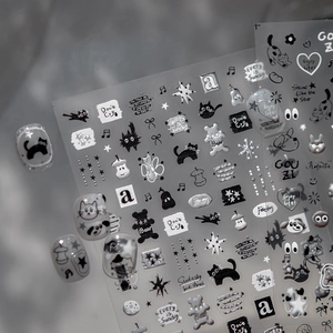 Embossed 3D nail stickers featuring black cats and silver stars in Y2K style design