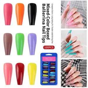 Set of 100 colorful ballerina coffin false nail tips in a blue organizer case