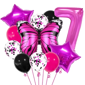 Detail of rose red number 7 balloon set with butterfly and sequin latex balloons