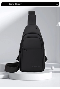 Detail view of the black crossbody bag showing multi-layer zippers and nylon texture