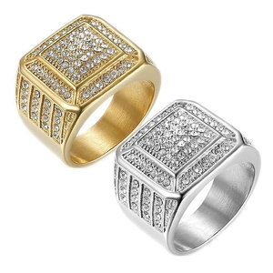 Men Iced Out Square Signet Ring Stainless Steel Luxury Cubic Zirconia Hip Hop Jewelry Gold Plated