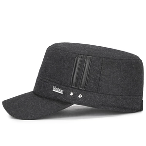 Winter charcoal wool cadet cap with metal V badge and fleece lining for men