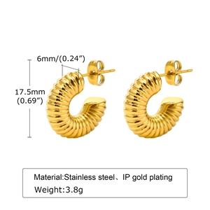 Chunky 18K gold plated stainless steel C-shaped hoop earrings with textured spiral design