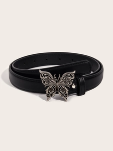 Close-up of black leather belt featuring a silver hollow butterfly buckle on white background