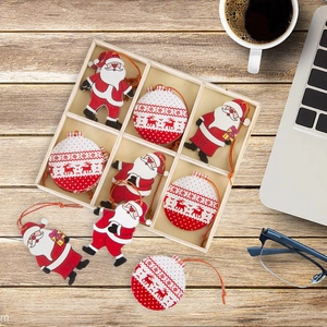 Nordic Printed Wooden Christmas Ornaments Cartoon Santa Reindeer Pattern Hanging Charms Boxwood Decorative Holiday Decor