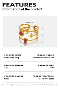 Detail view of gold celestial ring with sun moon motifs and red gemstones including dimensions