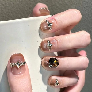 Handmade Cat Eye Press On Nails Gradient Rhinestone Embellished Short ABS Plastic False Nails For Women Beauty Manicure