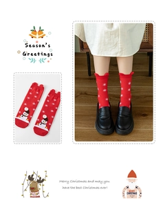 Close-up of festive red Christmas socks featuring cute snowman patterns and 3D ear detail